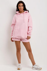 womens pink hooded sweatshirt and shorts set loungewear co ord