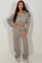 button up crop hoodie and joggers tracksuit co ord set womens casual airport outfit styledup 