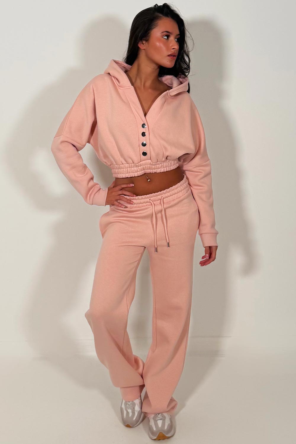 button up crop hoodie and joggers tracksuit co ord set womens casual airport outfit styledup 