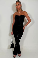 black hook and eye corset top with strapless bardot neckline 