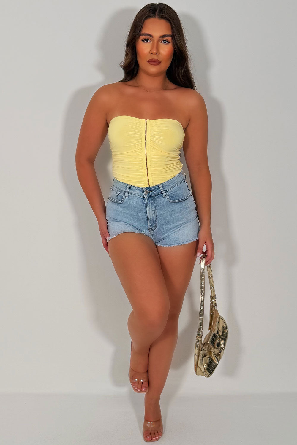 yellow hook and eye corset top with strapless bardot neckline 