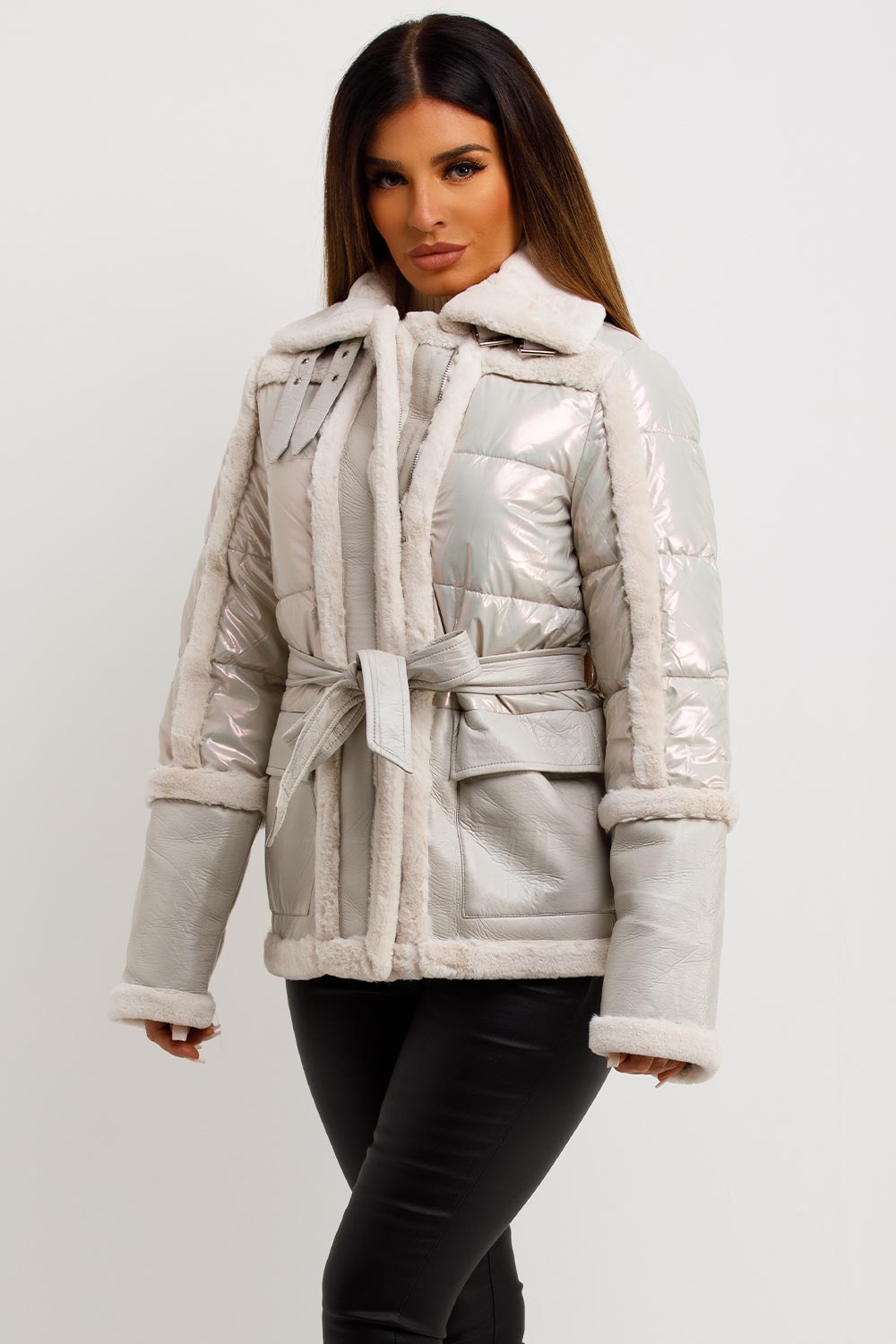 womens faux fur trim faux suede jacket belted outerwear