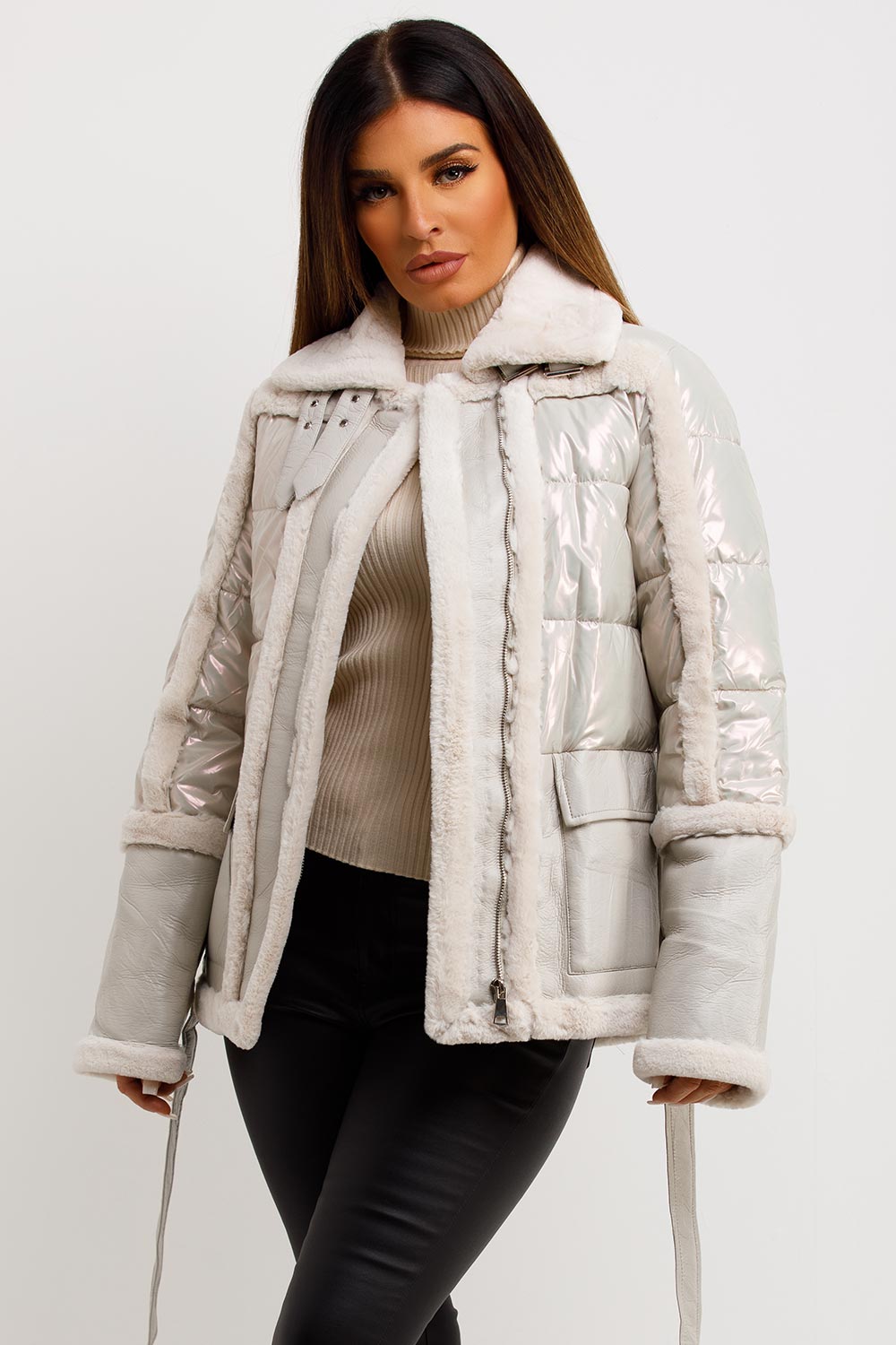 womens faux fur faux suede padded jacket
