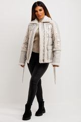 womens fur trim faux suede jacket with belt outerwear