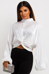 womens satin long sleeve twist front blouse going out party top