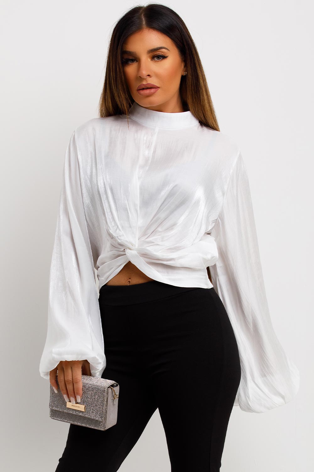 satin long sleeve twist front going out party top