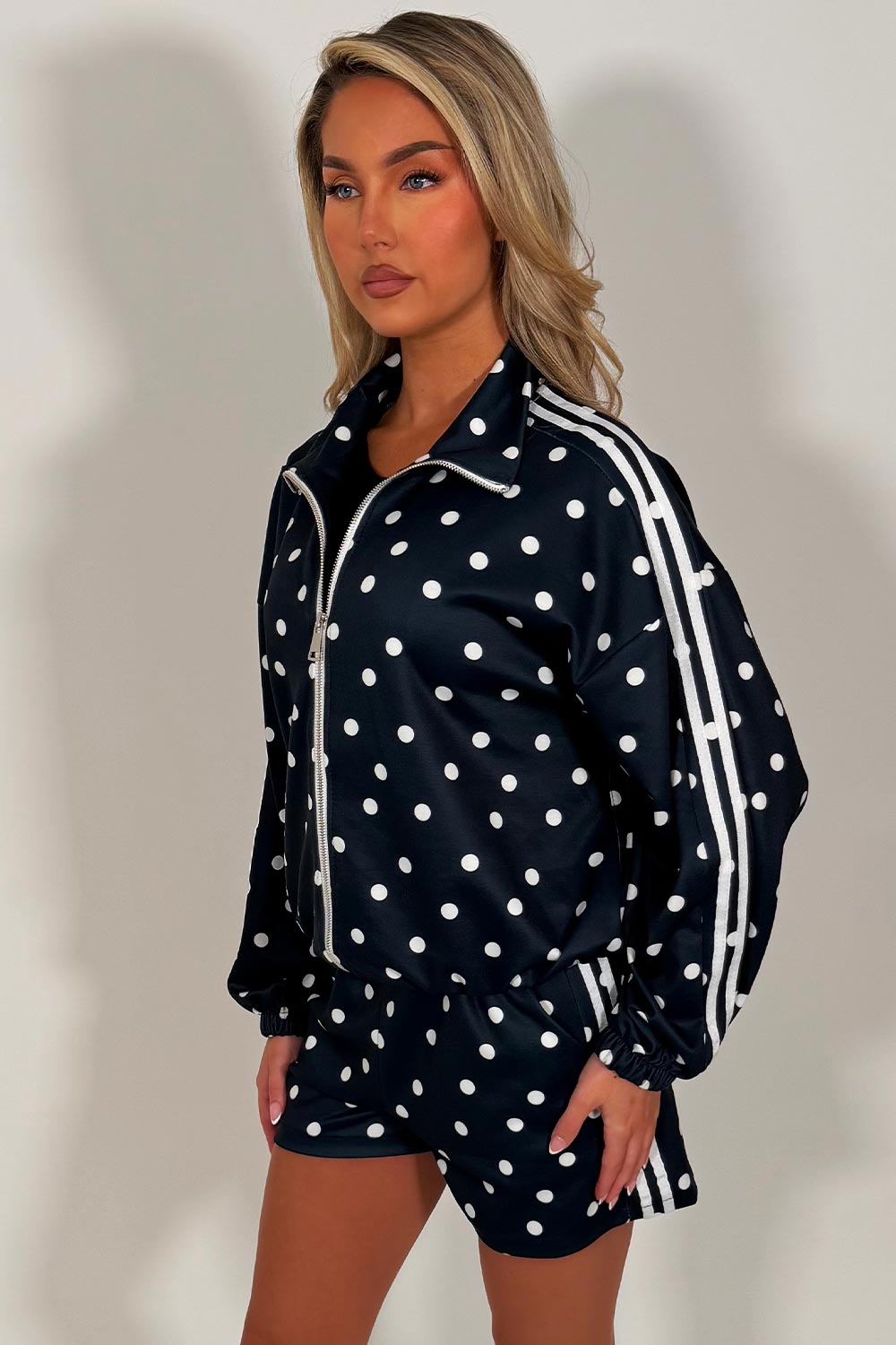 womens side stripe polka dot track jacket and shorts two piece co ord set styledup uk