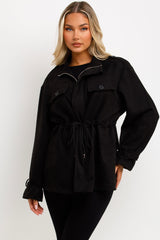 womens zara faux suede jacket with drawstring waist styledup