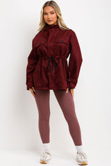 faux suede jacket with drawstring waist front pockets and high collar styledup 
