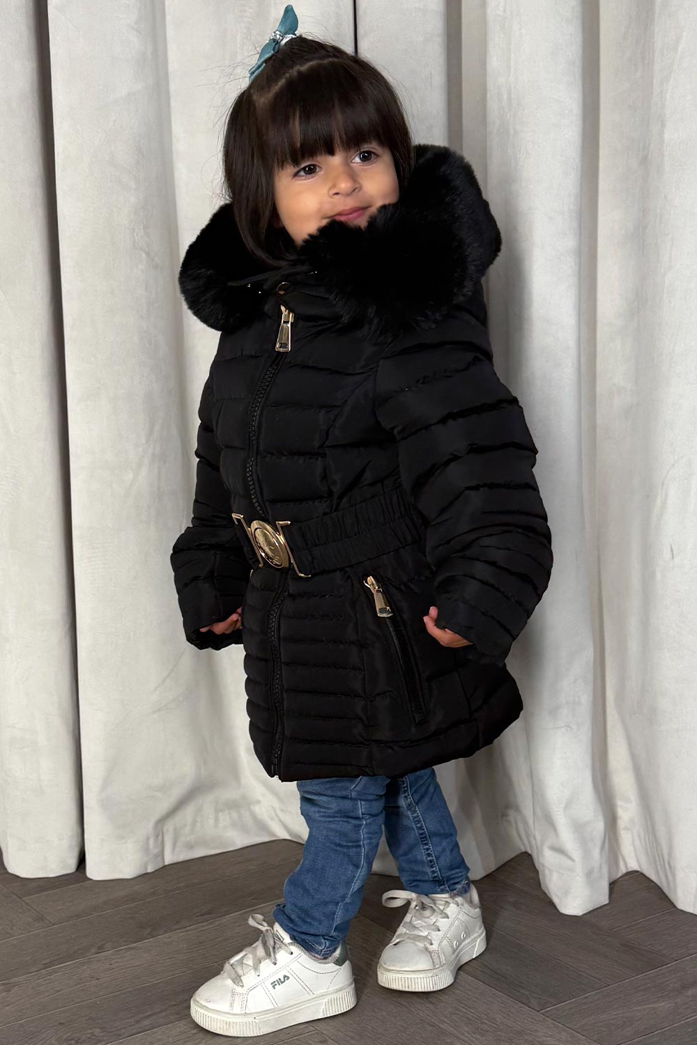 girls back to school coat with faux fur hood and belt mum and daughter matching outfit 