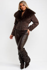 corset bodice structured detail fur collar crop jacket for womens brown styledup uk