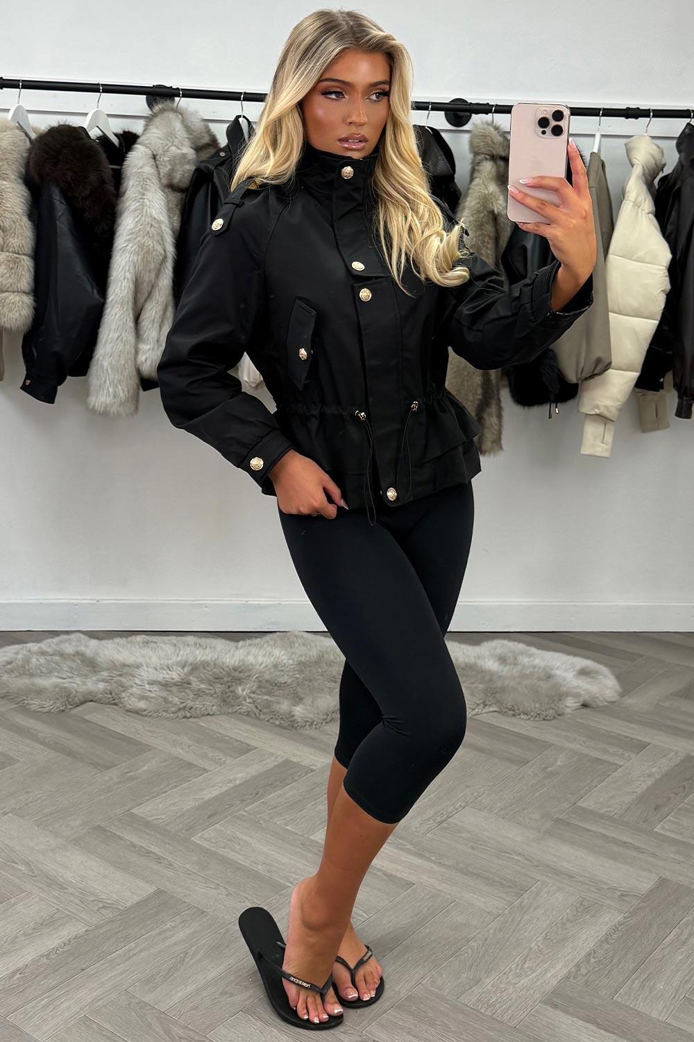 womens black drawstring waist funnel neck jacket styledup uk
