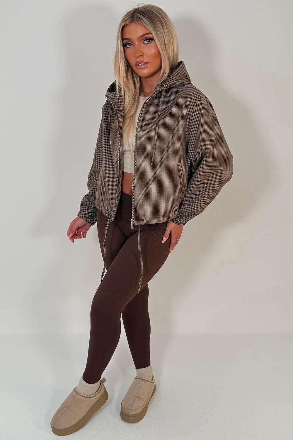 trending check print womens hooded jacket with drawstring hem styledup uk