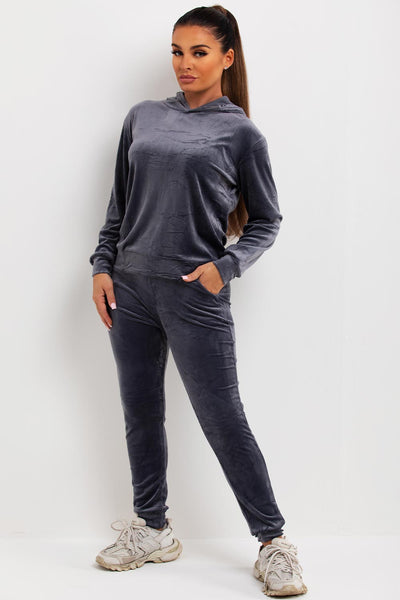 Women's Grey Velour Tracksuit Hooded Loungewear Co Ord – Styledup.co.uk