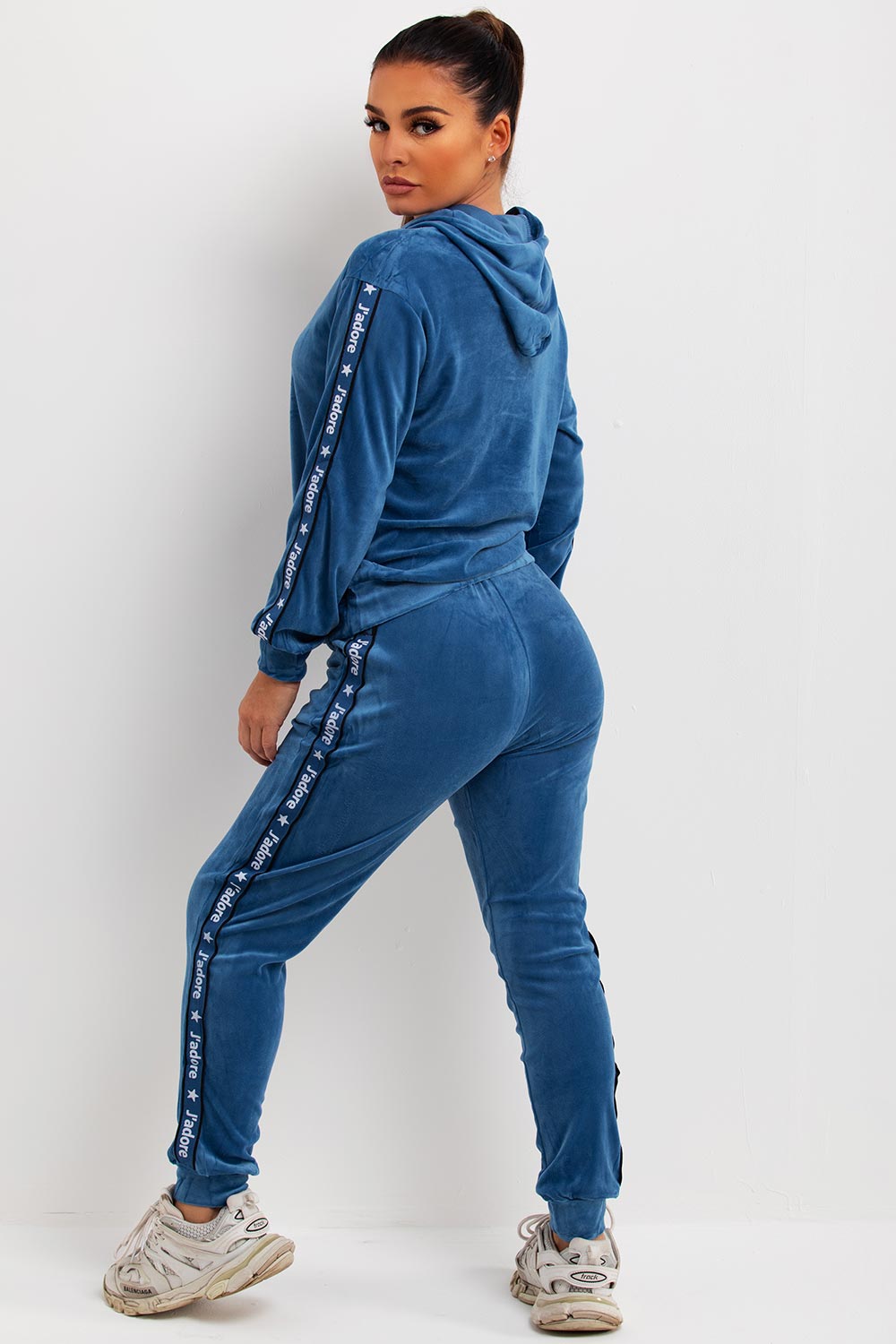 womens velour hoodie and joggers with jadore slogan