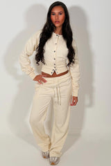 womens crop compress waist button up sweatshirt and wide leg jogger two piece tracksuit set loungewear cream co ord 