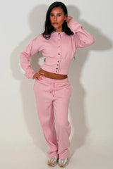 womens crop compress waist button up sweatshirt and wide leg jogger two piece tracksuit set loungewear pink co ord 