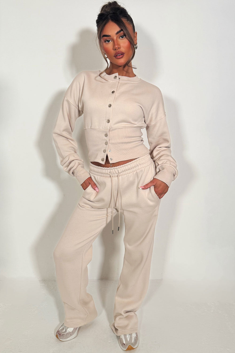 button up crop sweatshirt and wide leg joggers two piece loungewear co ord set womens styledup