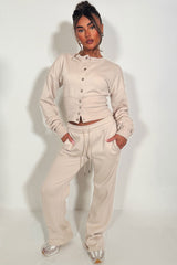 button up crop sweatshirt and wide leg joggers two piece loungewear co ord set womens styledup