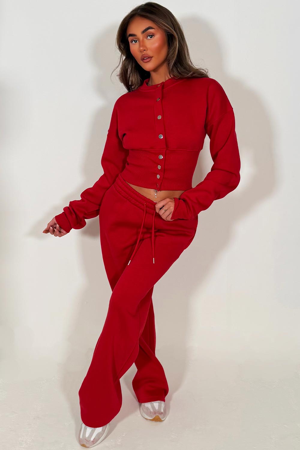 womens crop compress waist button up sweatshirt and wide leg jogger two piece tracksuit set red loungewear co ord 