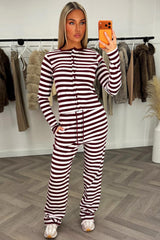 striped lounge set burgundy co ord button up top with long sleeves and wide leg trouser set for womens styledup