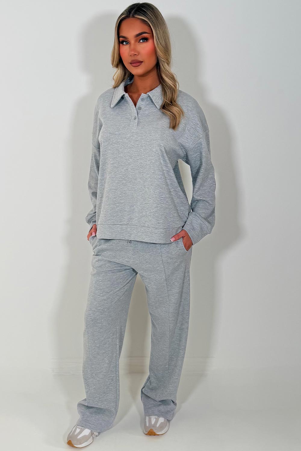 womens collared sweatshirt and straight leg joggers tracksuit lounges set airport outfit