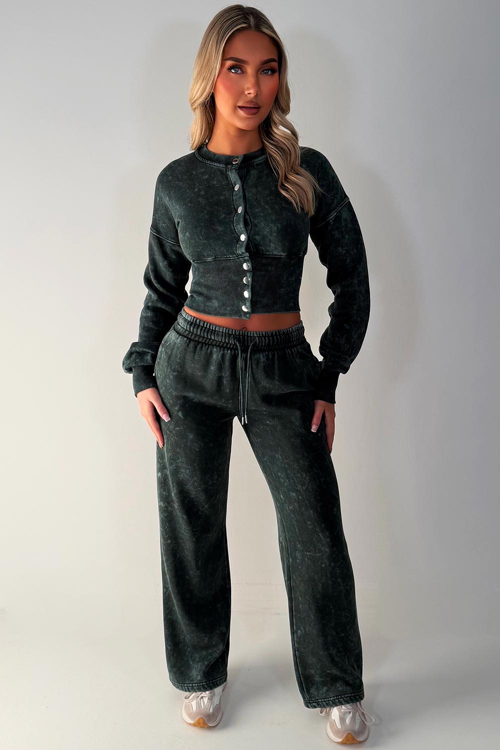 crop compress waist button up sweatshirt and wide leg jogger acid wash tracksuit set loungewear co ord 