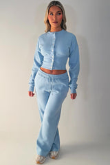 womens crop compress waist button up sweatshirt and wide leg jogger two piece tracksuit set loungewear co ord 