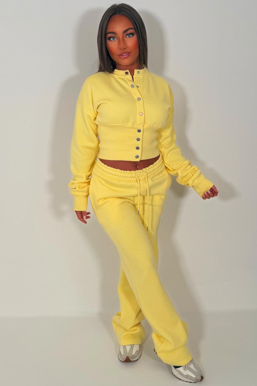womens crop compress waist button up sweatshirt and wide leg jogger two piece tracksuit set loungewear co ord 