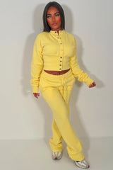 womens crop compress waist button up sweatshirt and wide leg jogger two piece tracksuit set loungewear co ord 