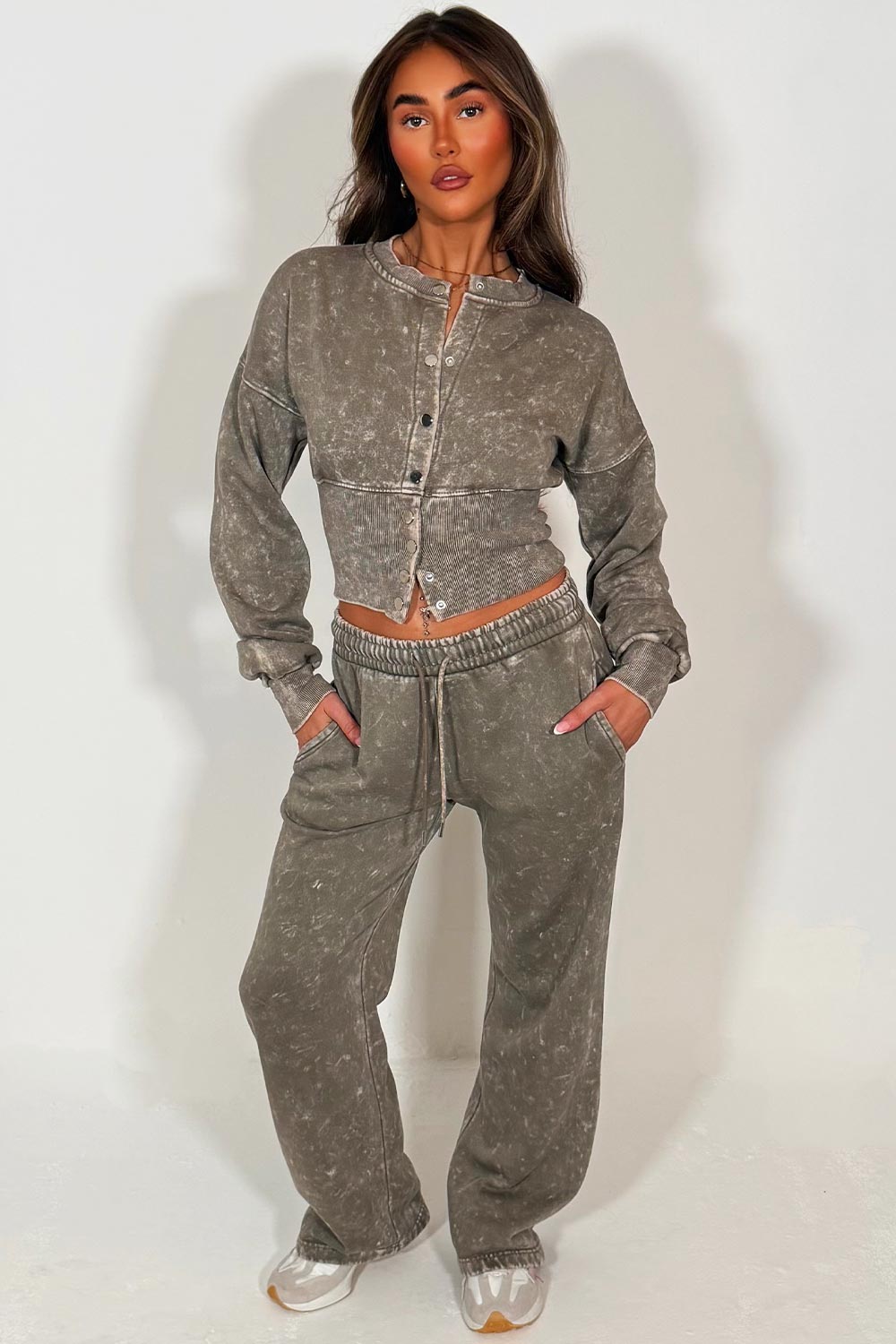 button up crop sweatshirt and wide leg joggers two piece loungewear co ord acid wash set womens styledup