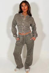 button up crop sweatshirt and wide leg joggers two piece loungewear co ord acid wash set womens styledup