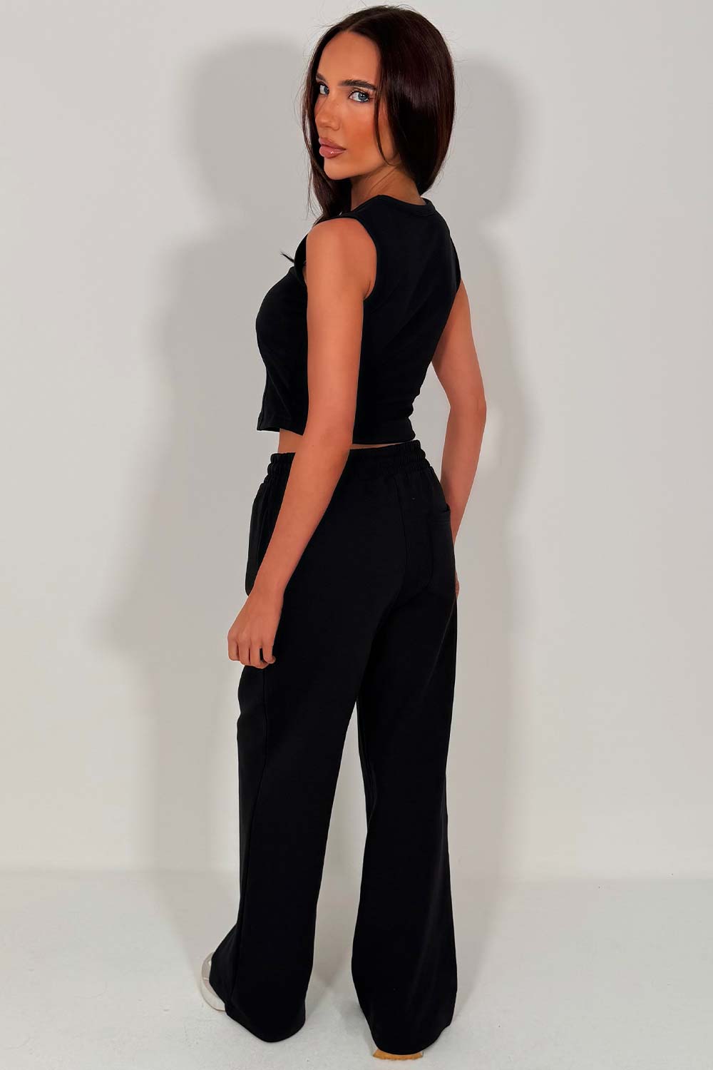 womens black wide leg joggers and crop top two piece tracksuit co ord airport outfit zara uk