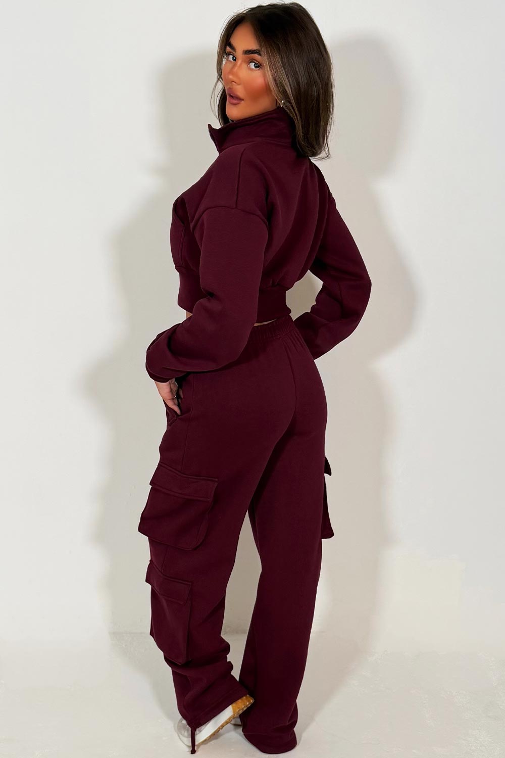 womens crop zip through sweatshirt and cargo joggers two piece co ord lounge set casual daily comfy outfit burgundy styledup