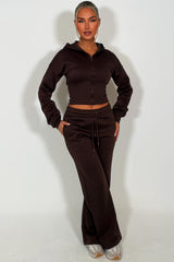 womens crop corset cinched waist hoodie and joggers tracksuit set airport outfit brown styledup
