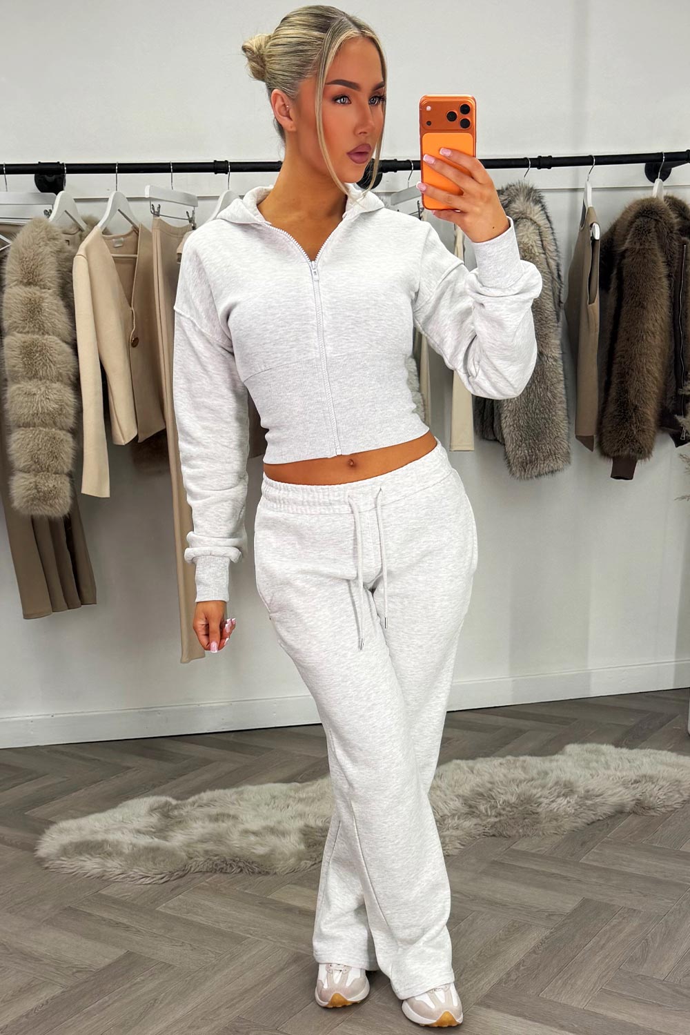 womens grey marl joggers and crop corset cinched waist hoodie tracksuit set two piece couture club womens