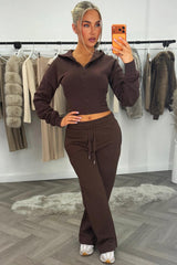 womens brown joggers and crop corset cinched waist hoodie tracksuit set two piece couture club womens
