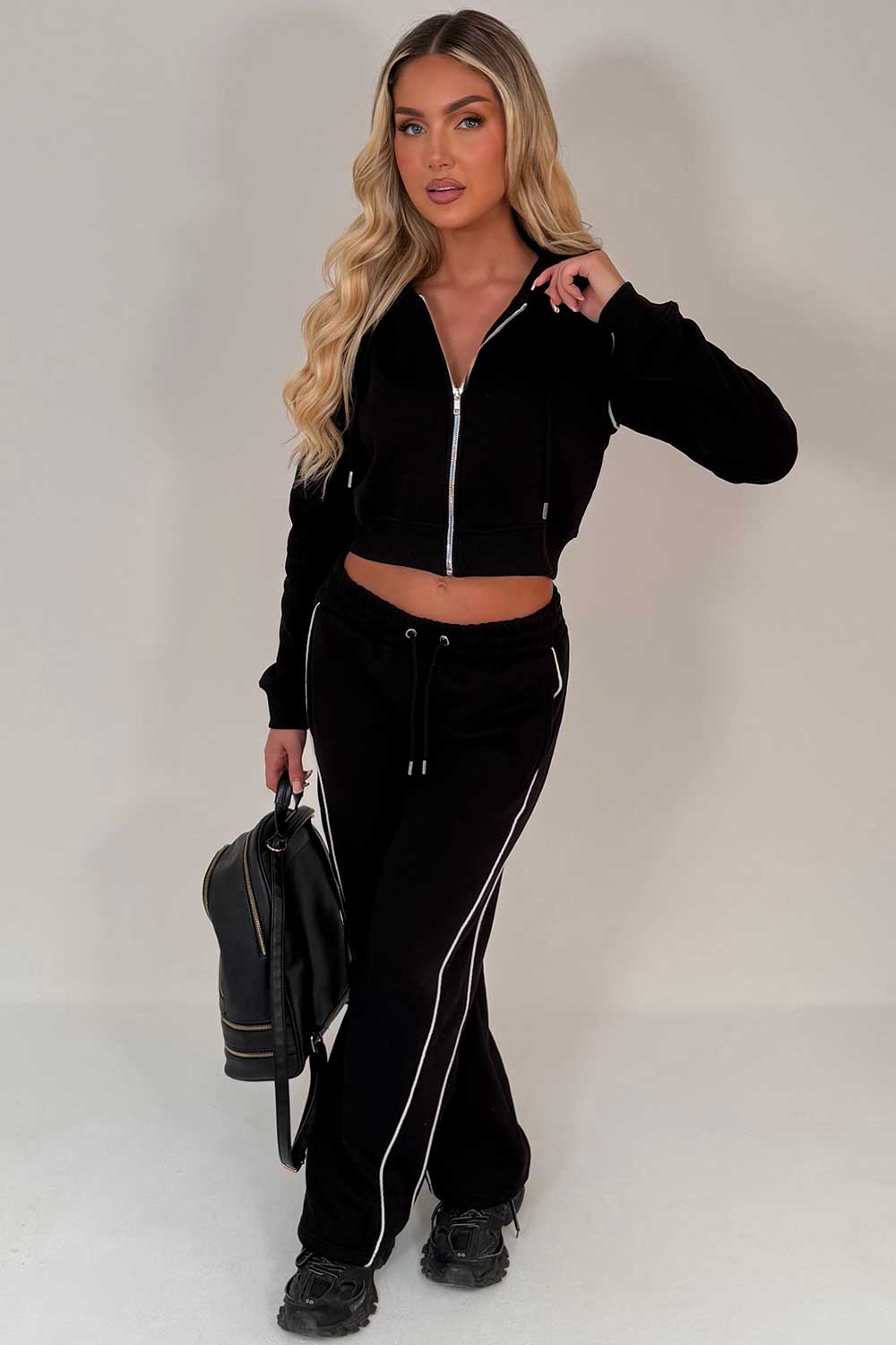 womens black joggers and crop hoodie tracksuit set two piece 