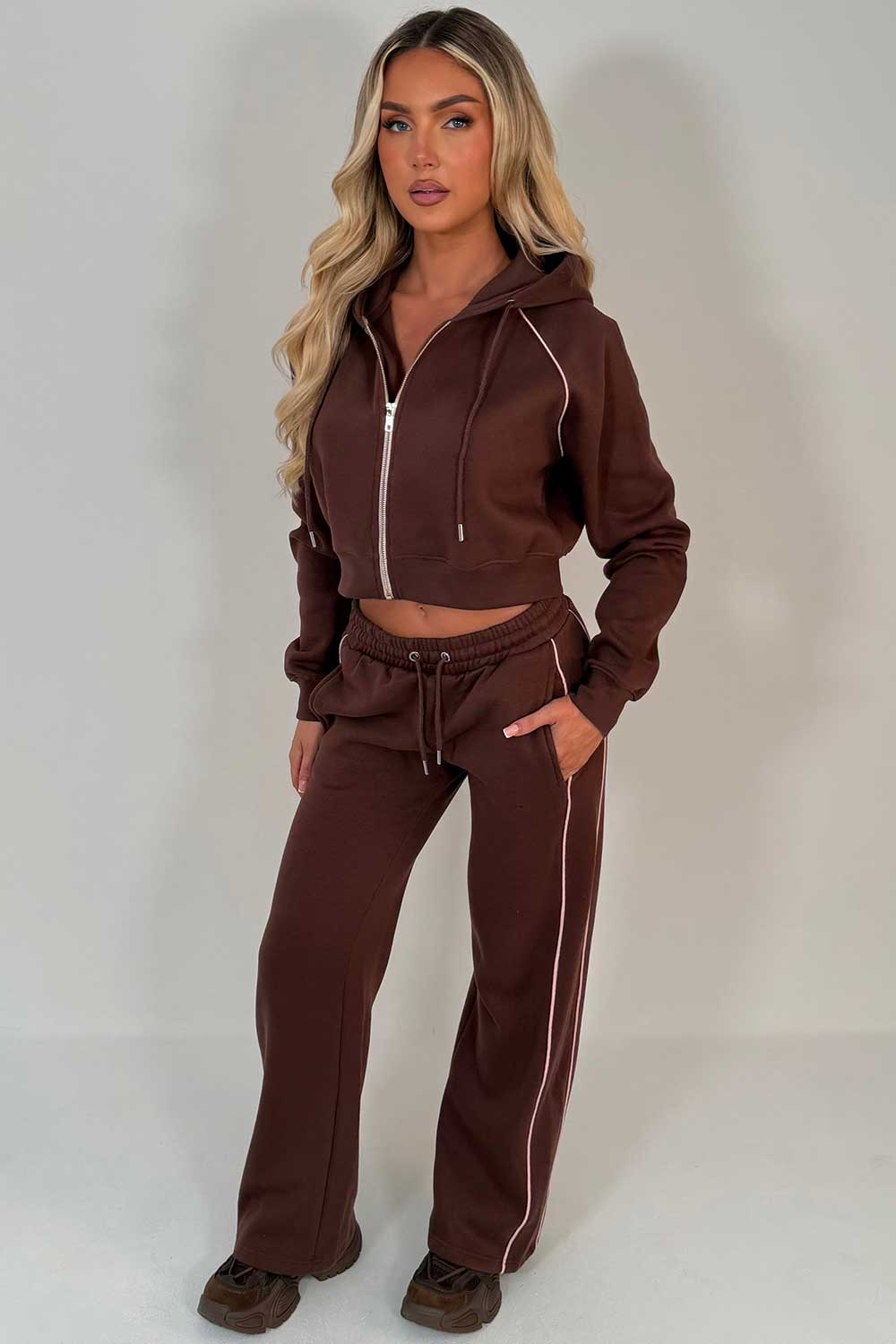 womens brown crop hoodie and joggers tracksuit set airport outfit styledup
