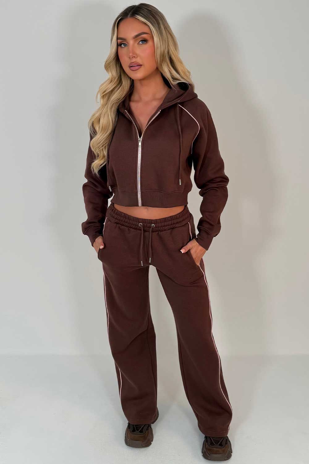 womens brown joggers and hoodie tracksuit set two piece travel in outfit styledup uk