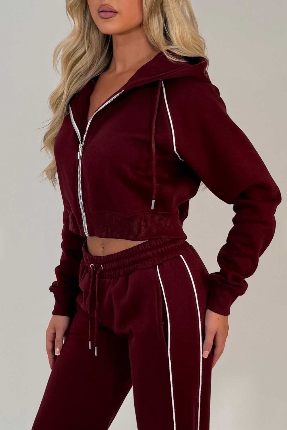 womens burgundy crop hoodie and joggers casual loungewear co ord set airport outfit styledup