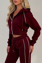 womens burgundy crop hoodie and joggers casual loungewear co ord set airport outfit styledup