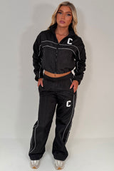 womens crop jacket and track trousers two piece summer tracksuit co ord set black styledup