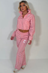 womens crop jacket and track trousers two piece summer tracksuit co ord set black styledup