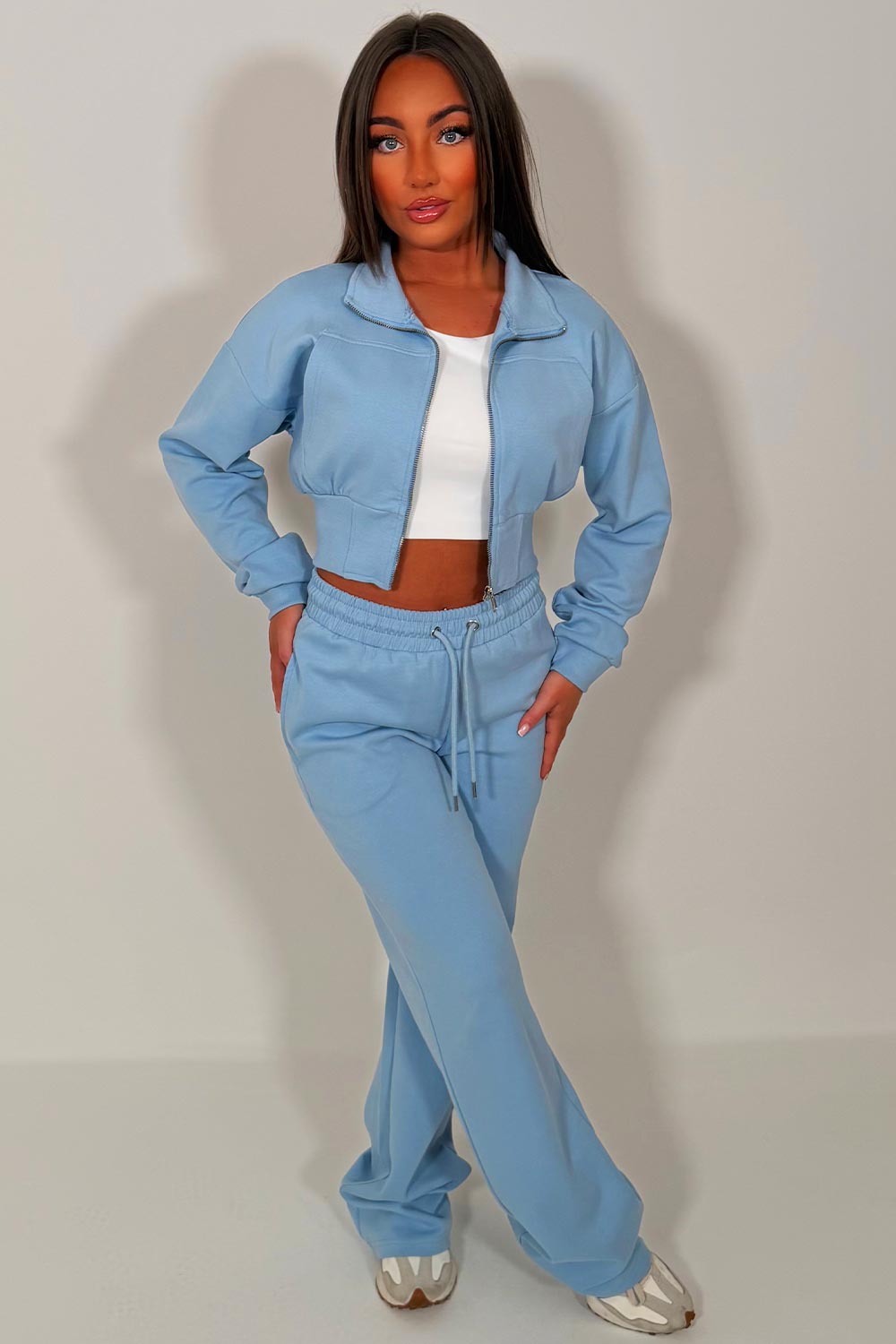 womens crop sweatshirt and wide leg joggers two piece co ord lounge set airport holiday outfit styledup uk