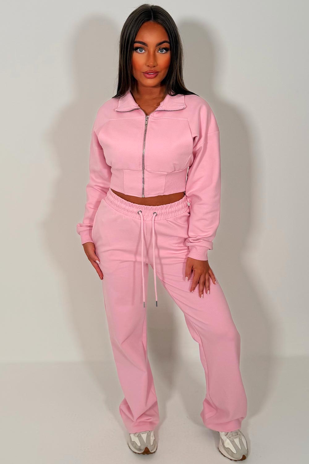 womens wide leg joggers and crop sweatshirt tracksuit co ord holiday airport outfit styledup