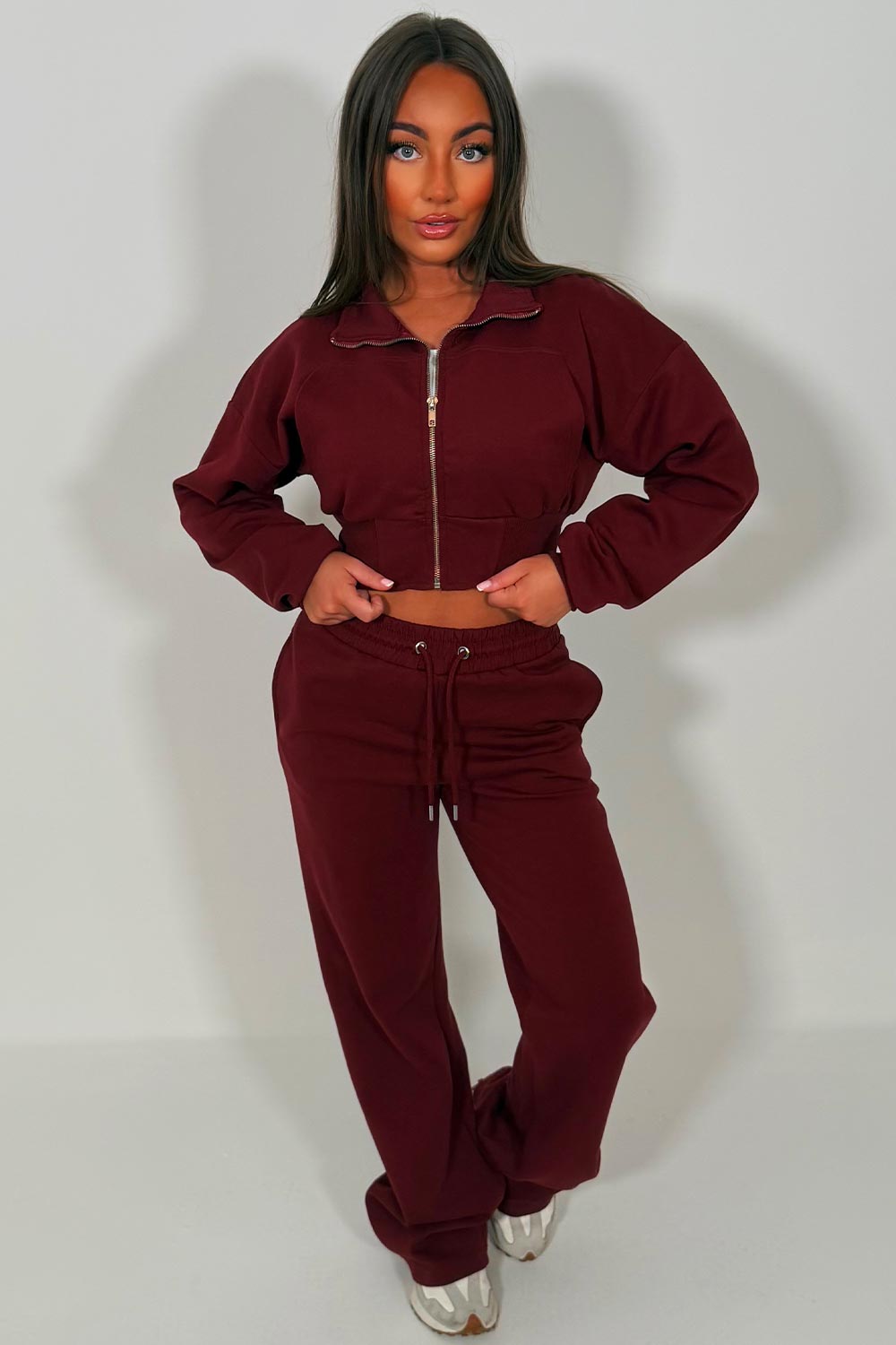 crop zip up sweatshirt and wide leg joggers tracksuit co ord styledup uk