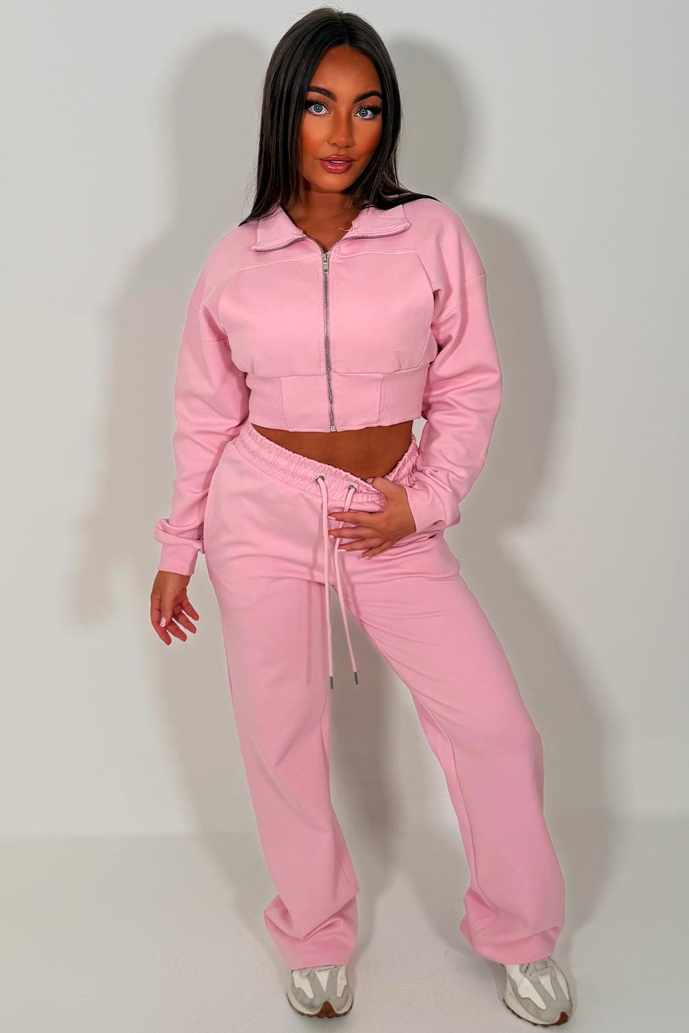 womens crop sweatshirt and wide leg joggers two piece co ord lounge set airport holiday outfit styledup uk