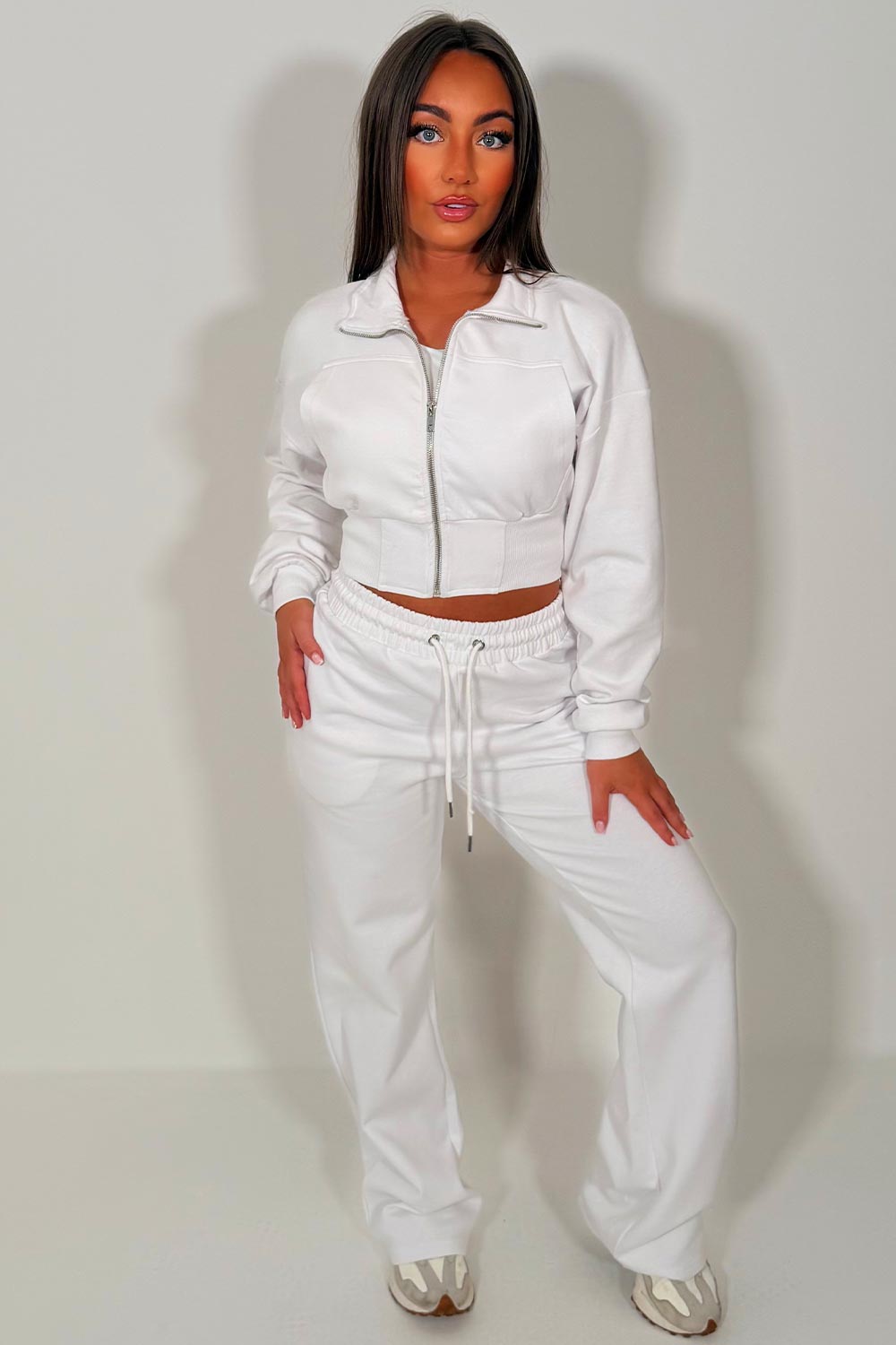 womens crop sweatshirt and wide leg joggers two piece co ord lounge set airport holiday outfit styledup uk