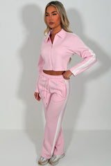 womens pink crop sweatshirt and wide leg joggers tracksuit with side stripes airport outfit casual everyday outfit styledup uk white fox